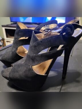 Qupid Black Suede Cutout Peep-Toe Stiletto Heels